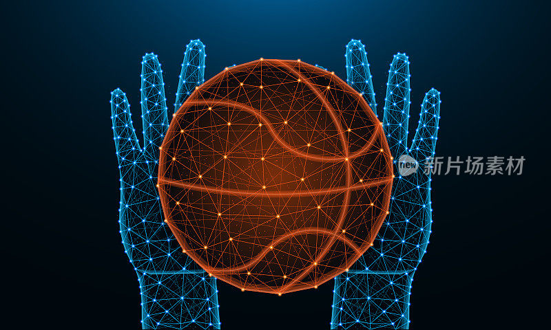 Hands and ball for playing basketball low poly design, sports game in polygonal style, catch or throw the ball wireframe vector illustration made from points and lines on dark blue background